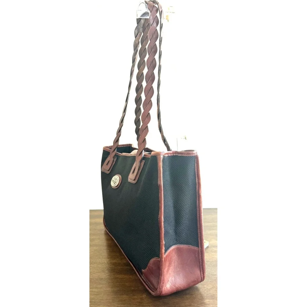 Brighton Jani‎ Tote Woven Black Fabric Brown Leather Trim Braided Handles Purse